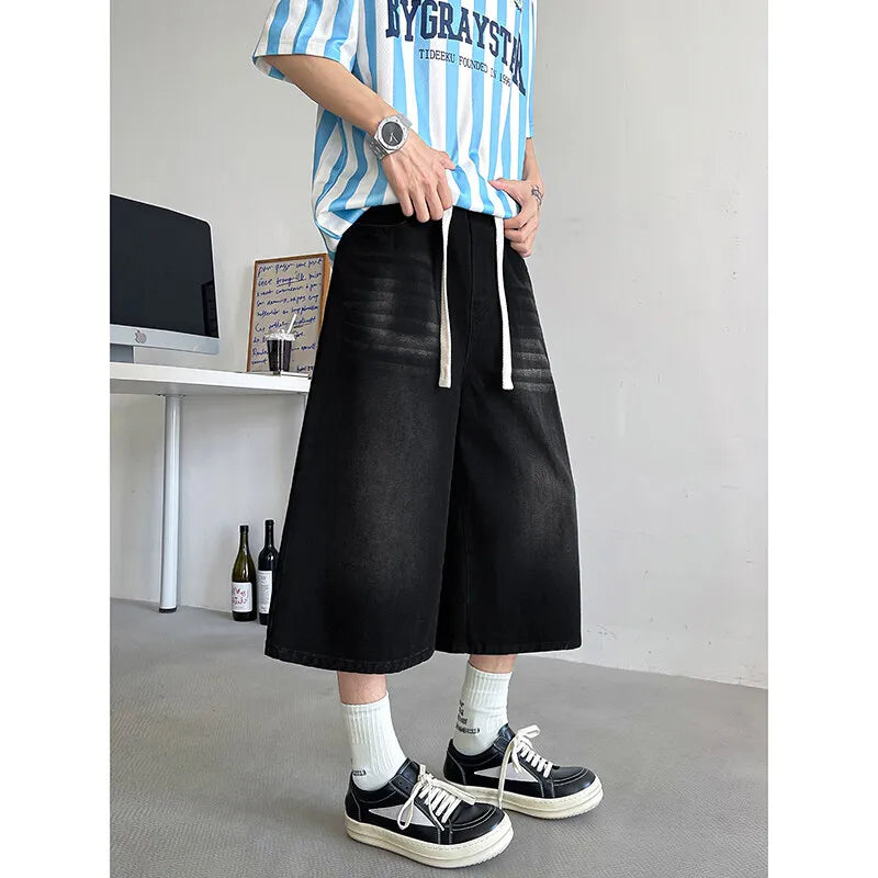 Loose Fit Cropped Jeans With Elastic Drawstring