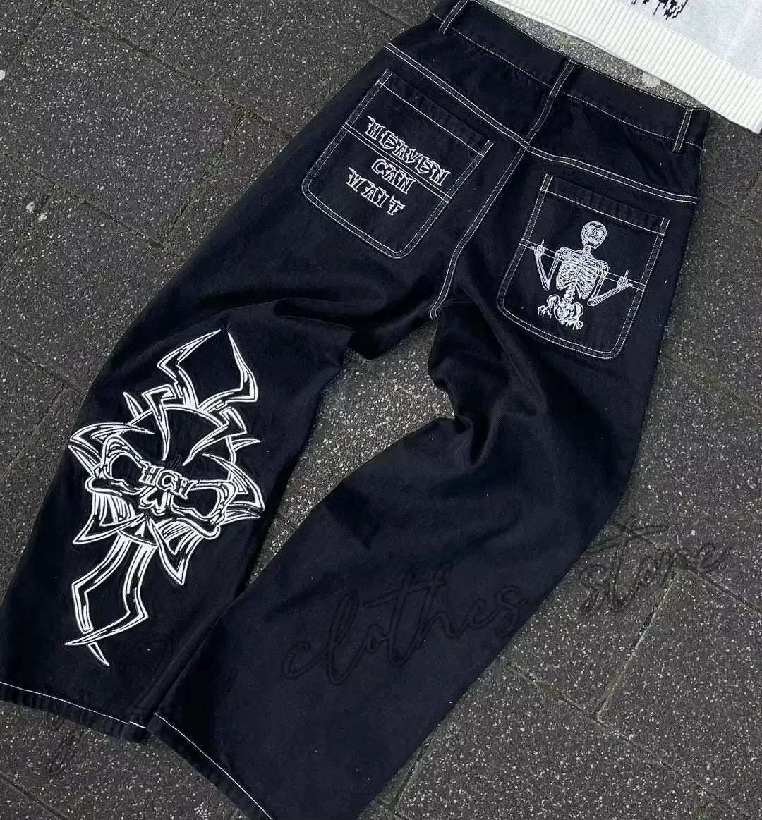 Unisex Skull Embroidery Washed Baggy Denim Jeans