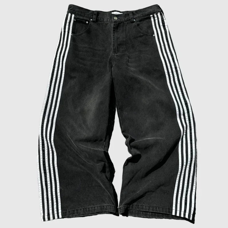 Unisex Baggy  Embroidered Striped Jeans