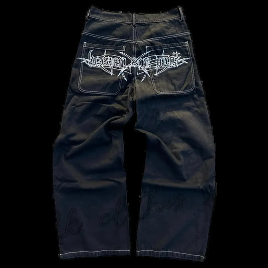 Unisex Skull Embroidery Washed Baggy Denim Jeans