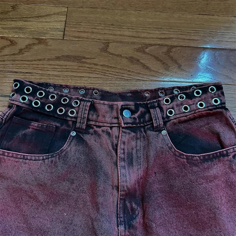 Baggy Unisex Vintage Letter Print Rivet Waist Belt Design
