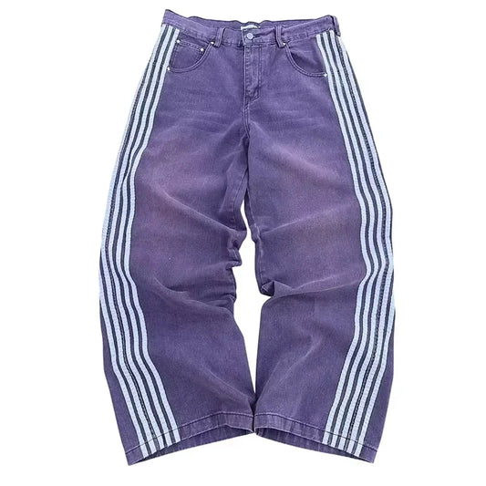 Unisex Baggy  Embroidered Striped Jeans