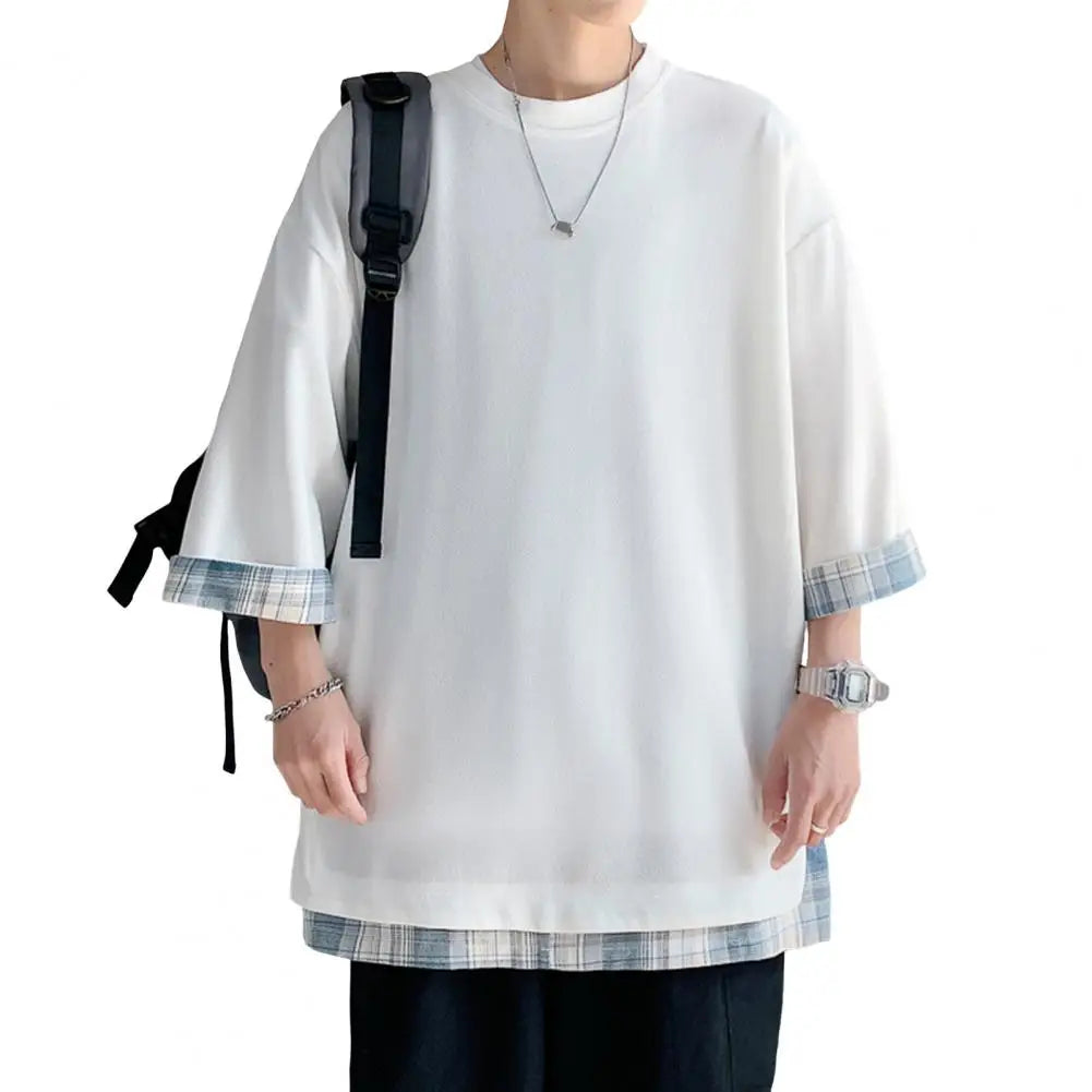 Unisex Loose Fit Fake Two-piece Mid Length Plus Size Three Quarter Sleeves