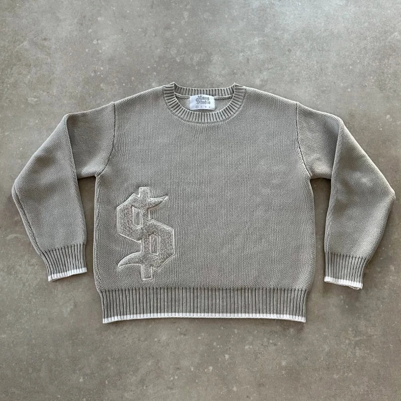 Grey Unisex Dollar Gothic Embroidery Pullover