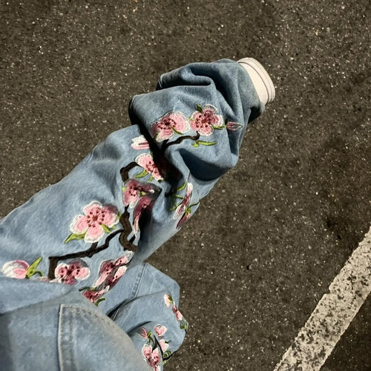 Unisex Baggy cherry blossom print pattern jeans