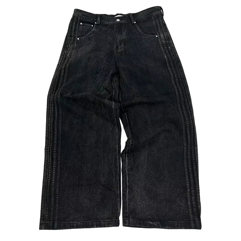 Unisex Baggy  Embroidered Striped Jeans