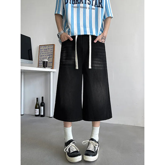 Loose Fit Cropped Jeans With Elastic Drawstring
