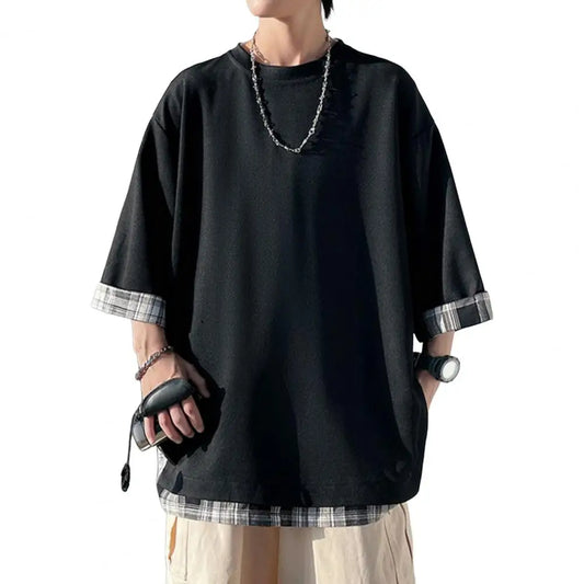 Unisex Loose Fit Fake Two-piece Mid Length Plus Size Three Quarter Sleeves