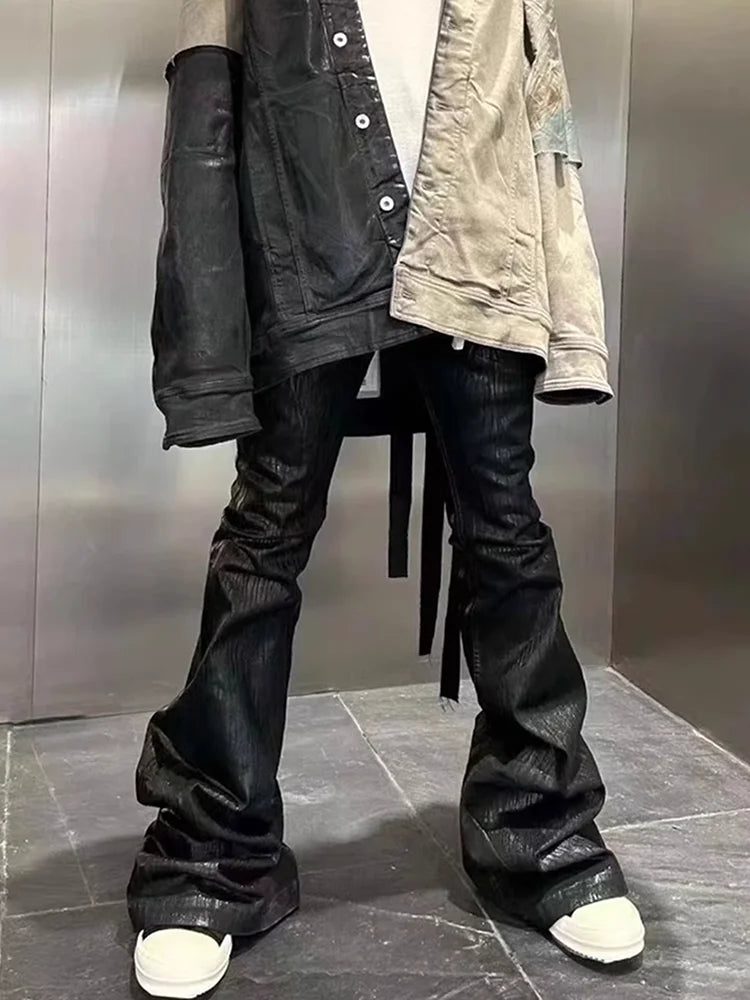 Unisex Stacked Black Wax Leather Strecth Jeans