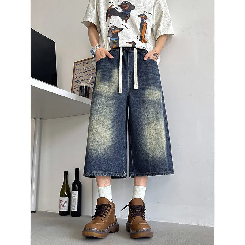 Loose Fit Cropped Jeans With Elastic Drawstring