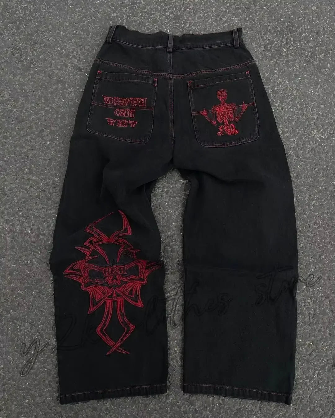 Unisex Skull Embroidery Washed Baggy Denim Jeans