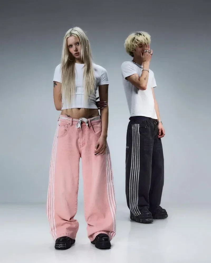 Unisex Baggy  Embroidered Striped Jeans