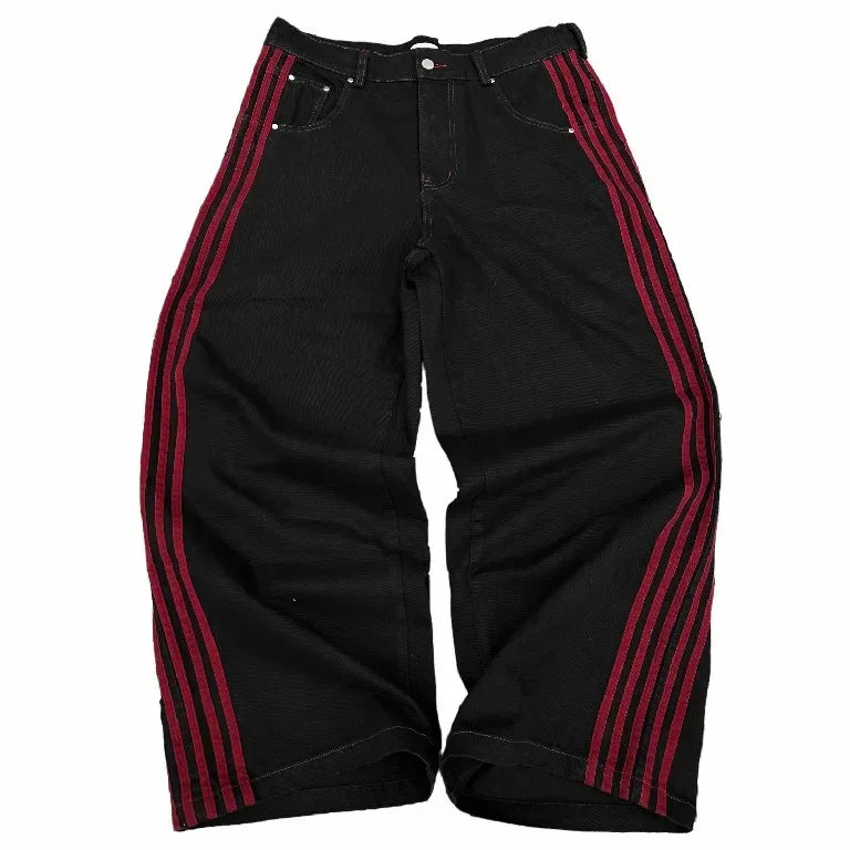 Unisex Baggy  Embroidered Striped Jeans