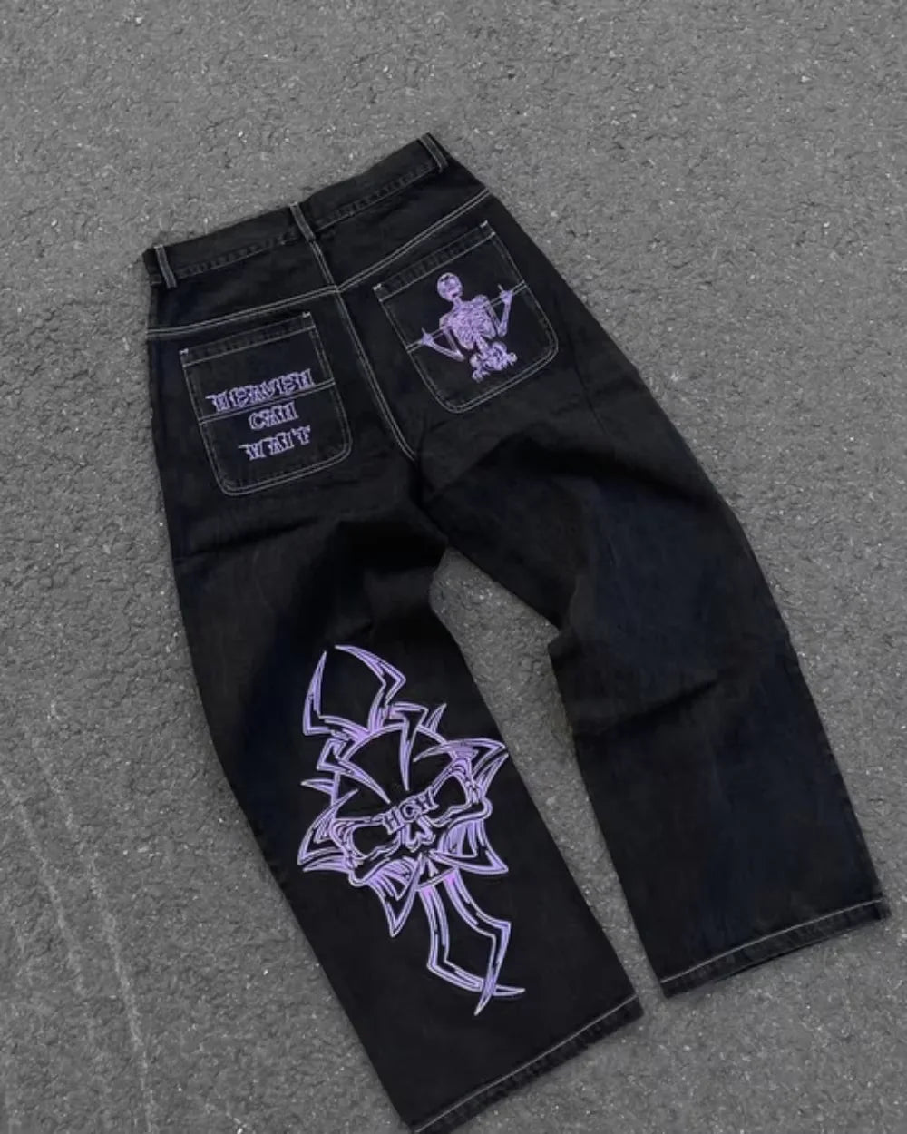 Unisex Skull Embroidery Washed Baggy Denim Jeans