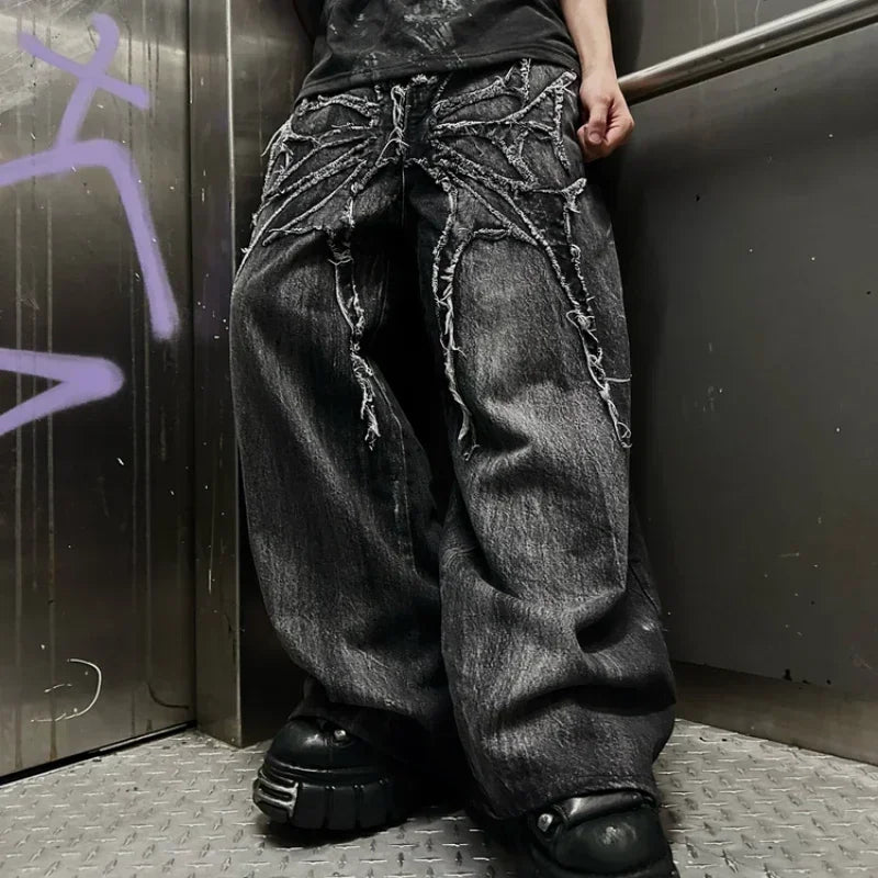 Unisex Baggy vintage Splicing embroidery Pattern jeans
