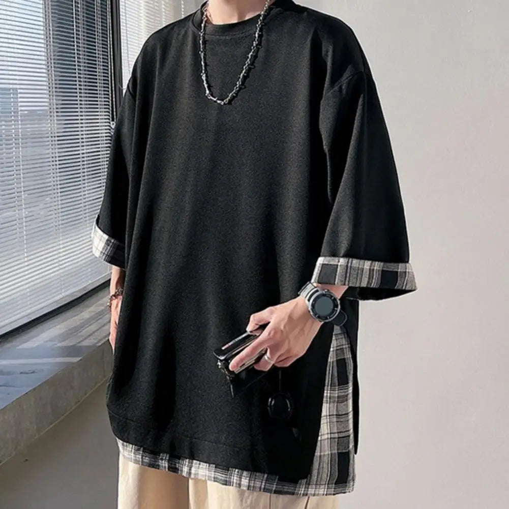 Unisex Loose Fit Fake Two-piece Mid Length Plus Size Three Quarter Sleeves
