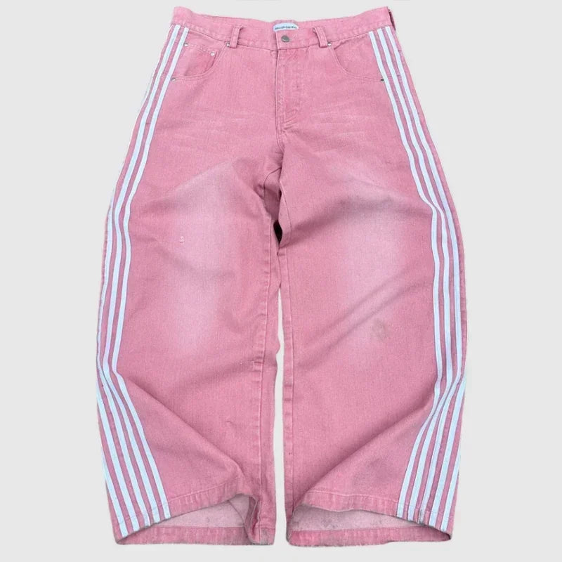 Unisex Baggy  Embroidered Striped Jeans