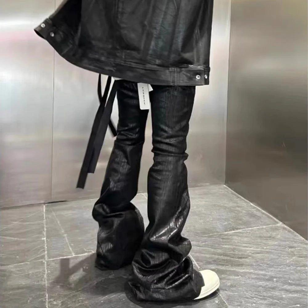 Unisex Stacked Black Wax Leather Strecth Jeans