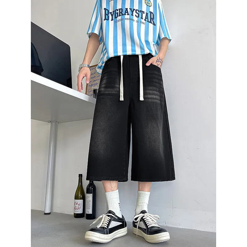 Loose Fit Cropped Jeans With Elastic Drawstring