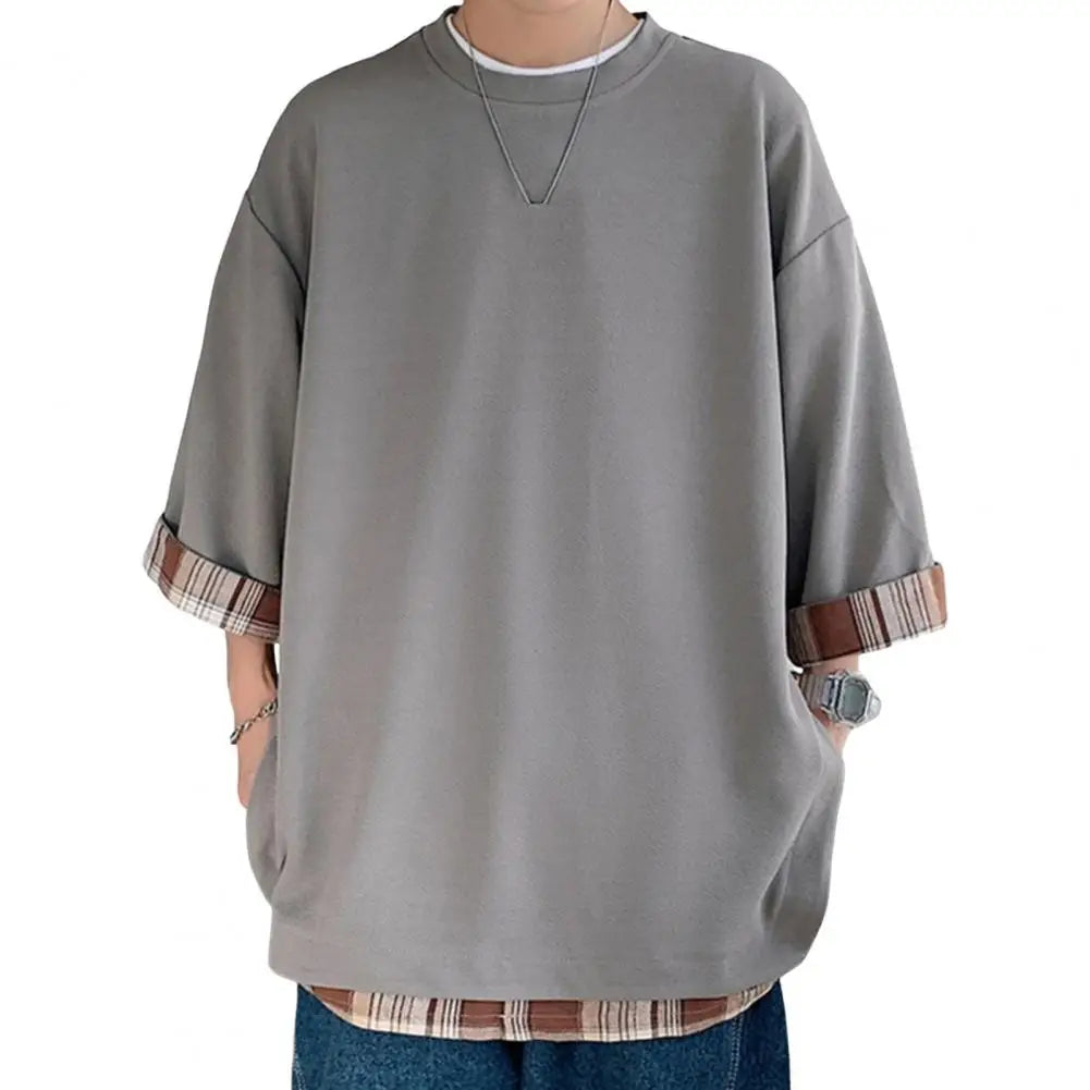 Unisex Loose Fit Fake Two-piece Mid Length Plus Size Three Quarter Sleeves