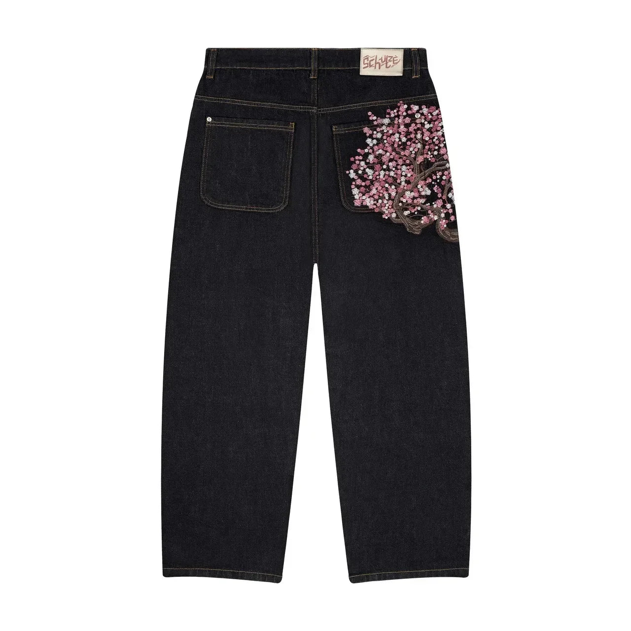 Unisex Baggy cherry blossom print pattern jeans