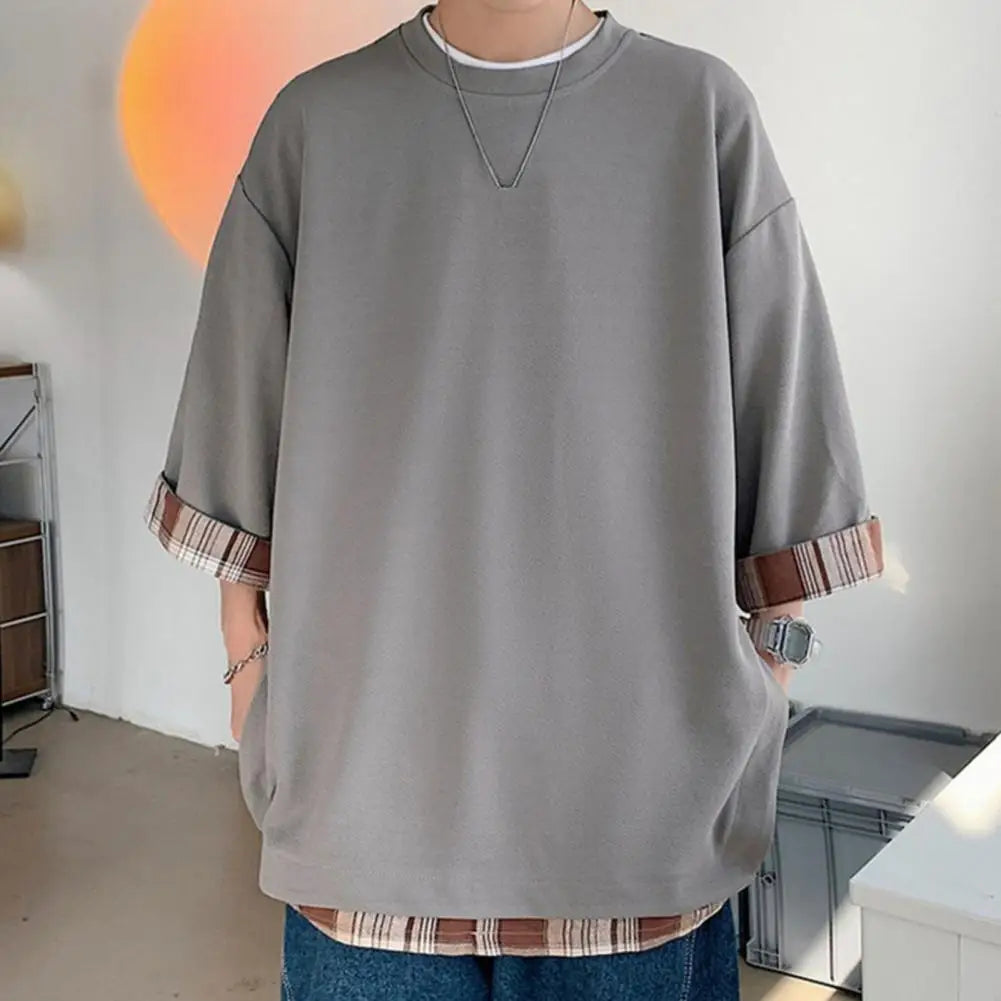 Unisex Loose Fit Fake Two-piece Mid Length Plus Size Three Quarter Sleeves