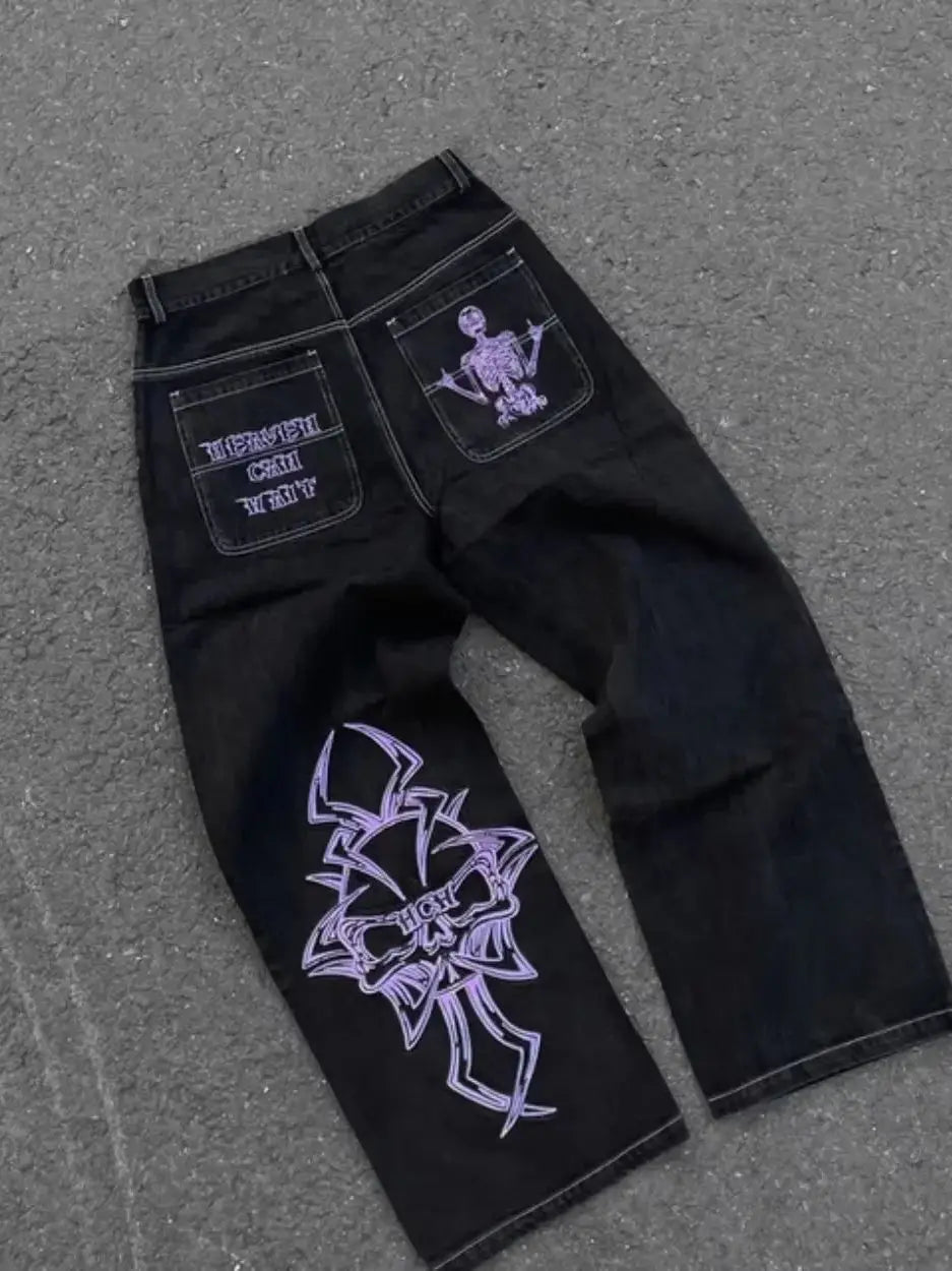 Unisex Skull Embroidery Washed Baggy Denim Jeans