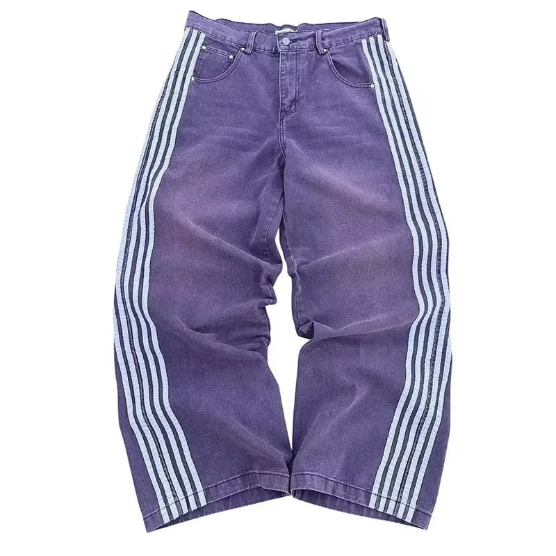 Unisex Baggy  Embroidered Striped Jeans