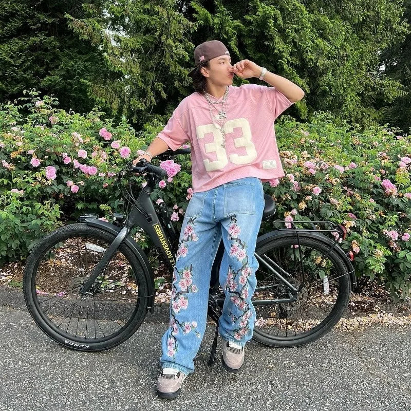 Unisex Baggy cherry blossom print pattern jeans
