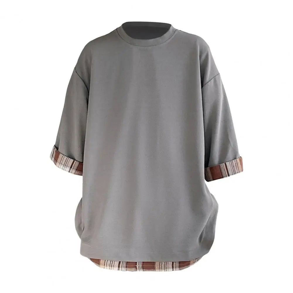 Unisex Loose Fit Fake Two-piece Mid Length Plus Size Three Quarter Sleeves