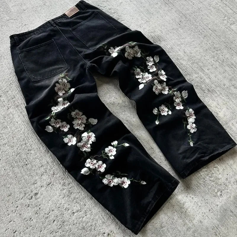 Unisex Baggy cherry blossom print pattern jeans