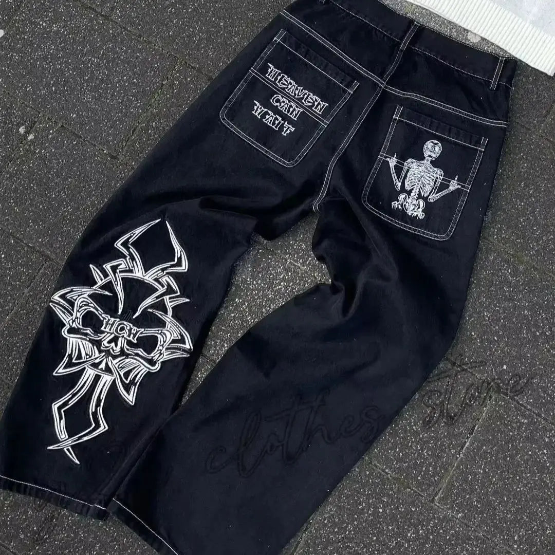 Unisex Skull Embroidery Washed Baggy Denim Jeans