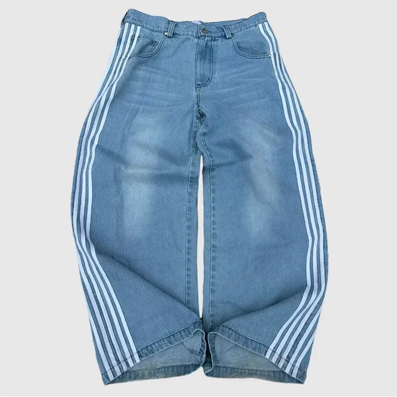 Unisex Baggy  Embroidered Striped Jeans