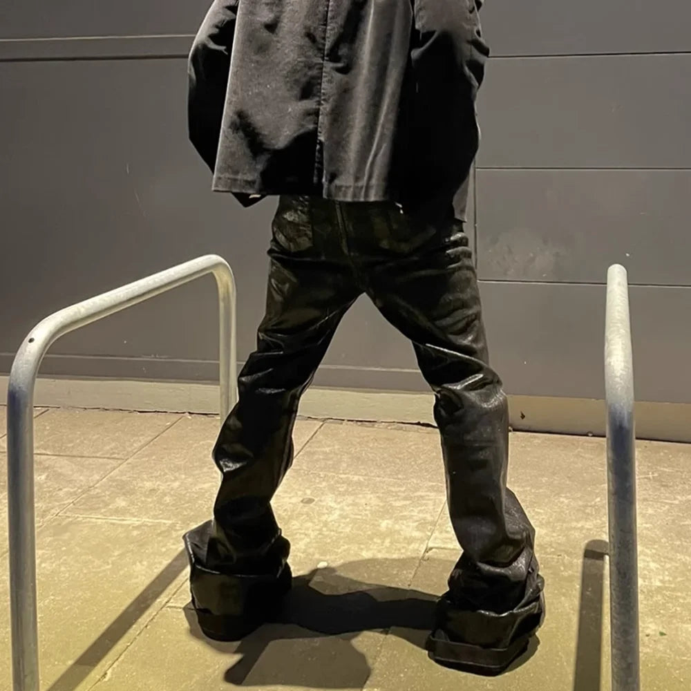 Unisex Stacked Black Wax Leather Strecth Jeans