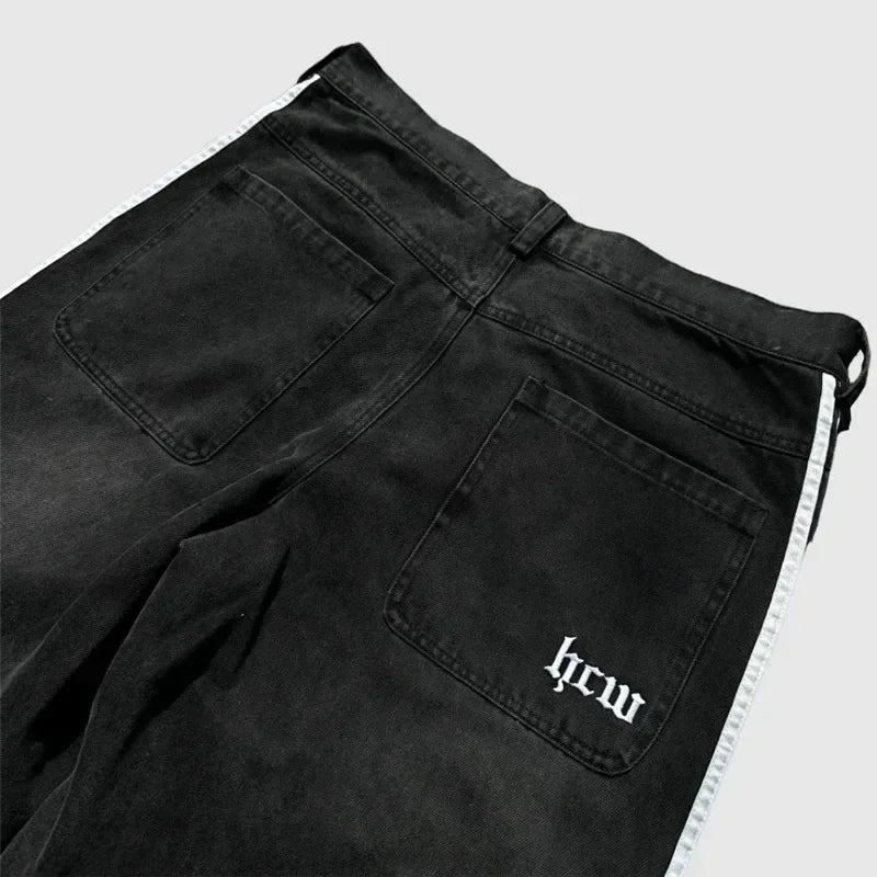 Unisex Baggy  Embroidered Striped Jeans