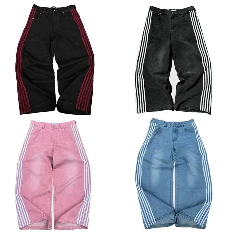 Unisex Baggy  Embroidered Striped Jeans