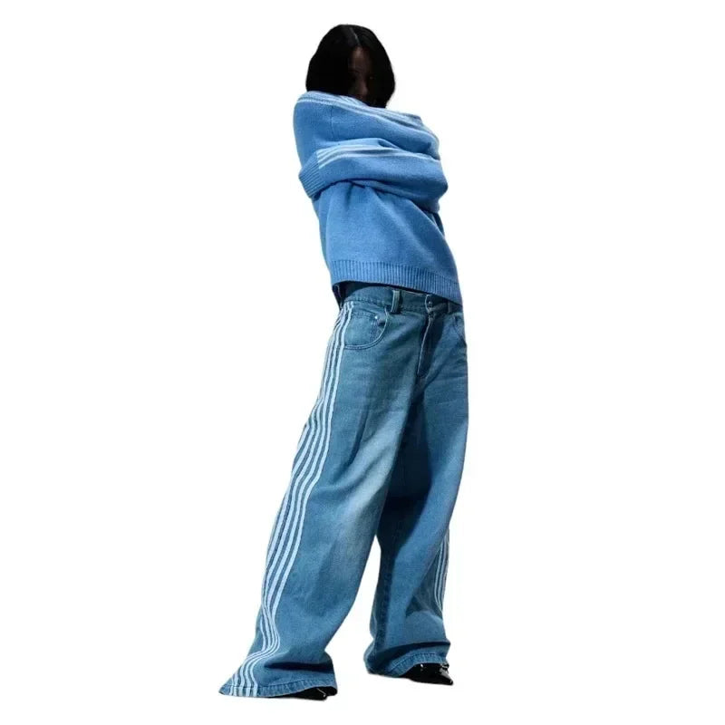 Unisex Baggy  Embroidered Striped Jeans