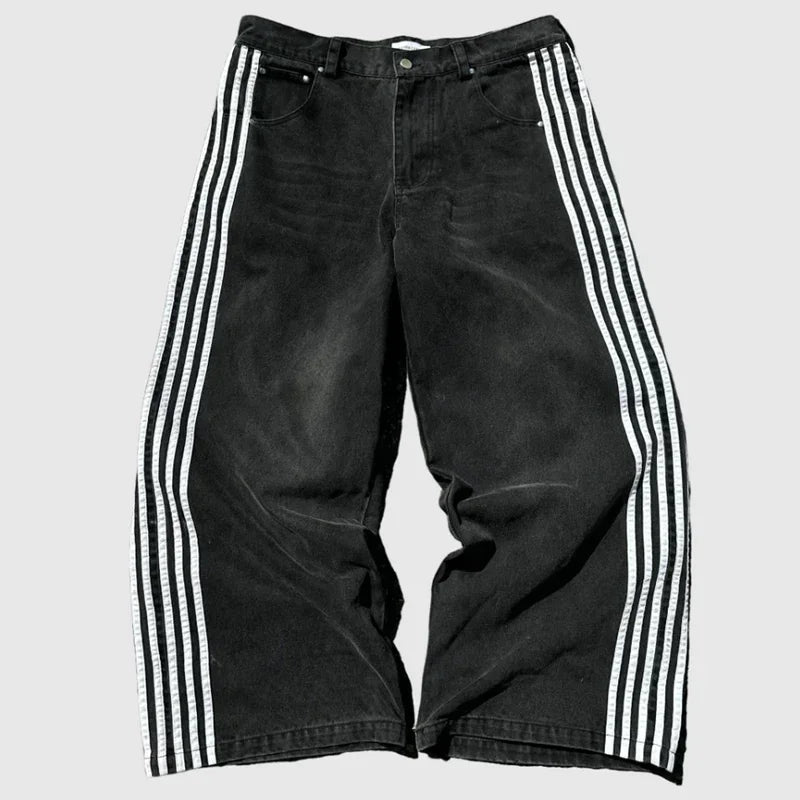 Unisex Baggy  Embroidered Striped Jeans