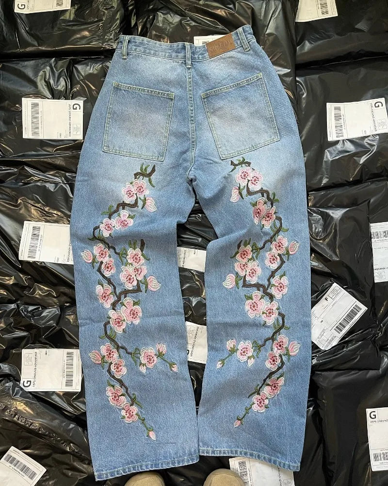 Unisex Baggy cherry blossom print pattern jeans