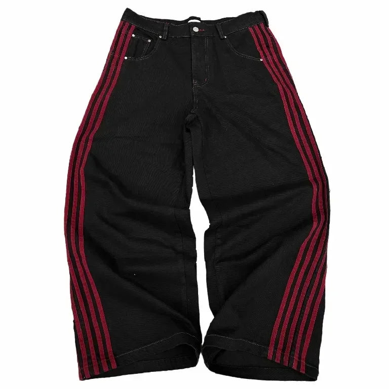 Unisex Baggy  Embroidered Striped Jeans