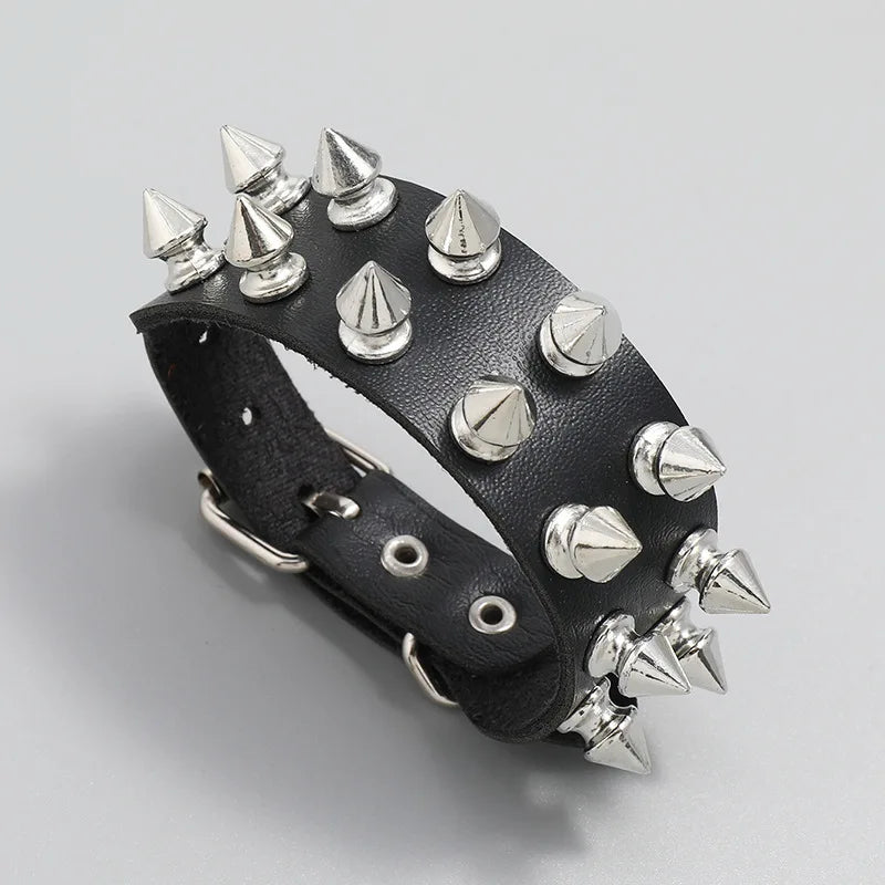 Punk Bracelet for Men Women - Goth Black Leather Wristband with Metal Spike Studded- Spike Rivets Cuff Bangle Adjustable