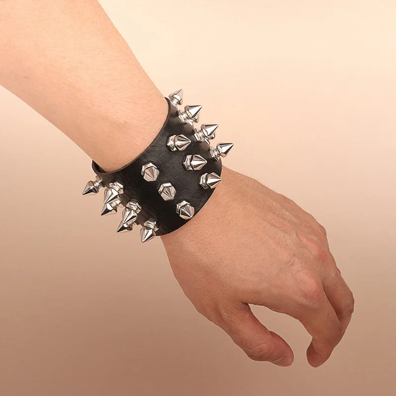Punk Bracelet for Men Women - Goth Black Leather Wristband with Metal Spike Studded- Spike Rivets Cuff Bangle Adjustable
