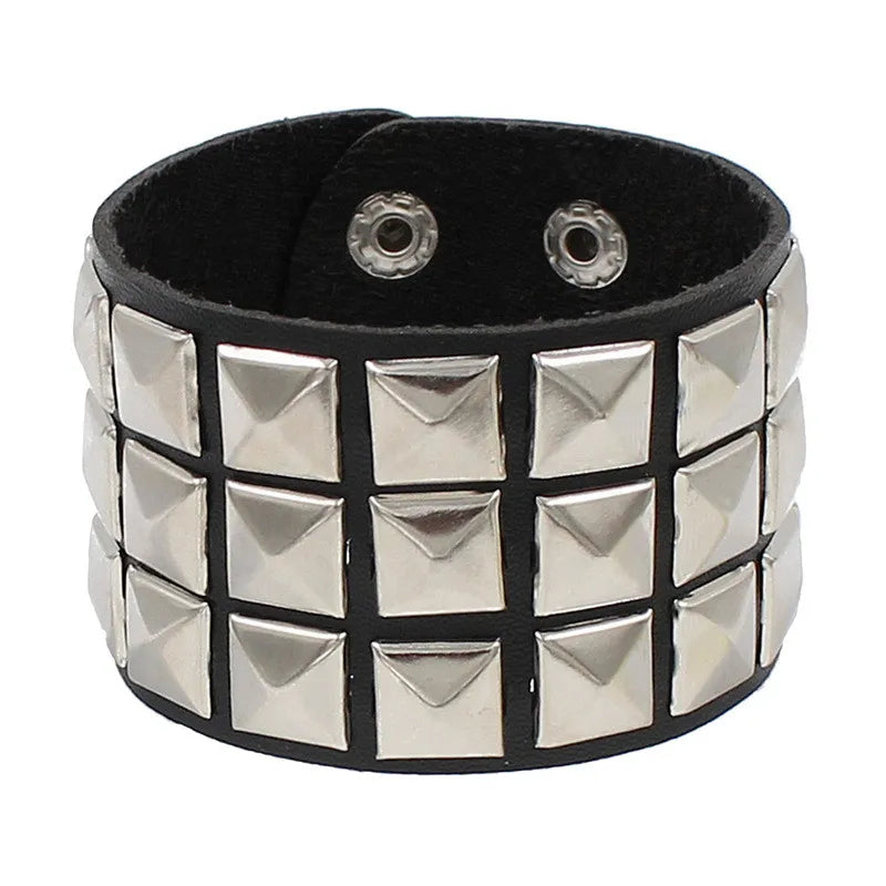 Punk Bracelet for Men Women - Goth Black Leather Wristband with Metal Spike Studded- Spike Rivets Cuff Bangle Adjustable