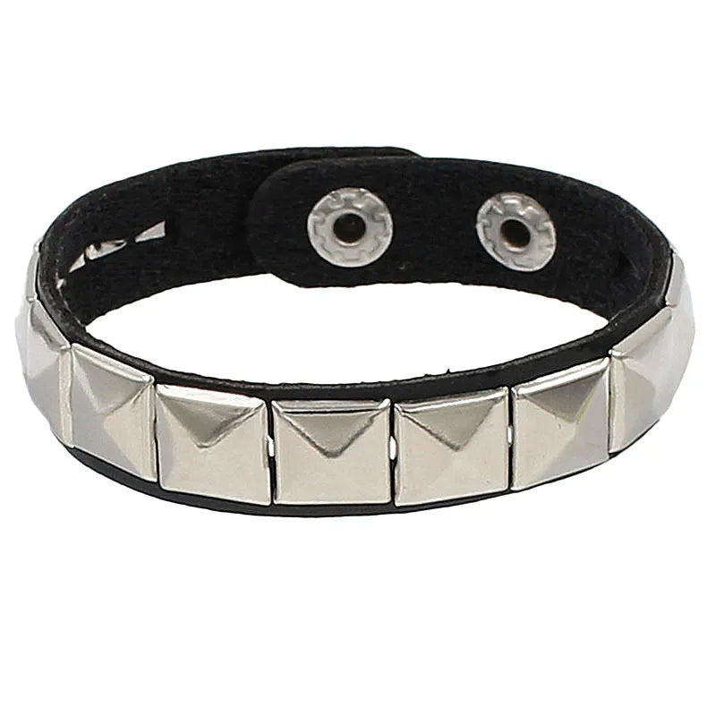 Punk Bracelet for Men Women - Goth Black Leather Wristband with Metal Spike Studded- Spike Rivets Cuff Bangle Adjustable