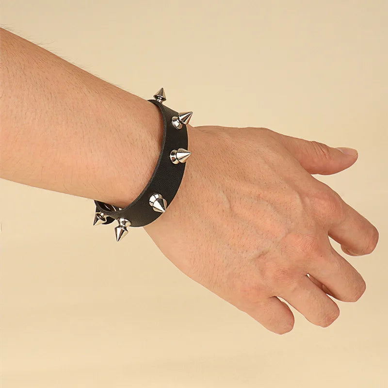 Punk Bracelet for Men Women - Goth Black Leather Wristband with Metal Spike Studded- Spike Rivets Cuff Bangle Adjustable