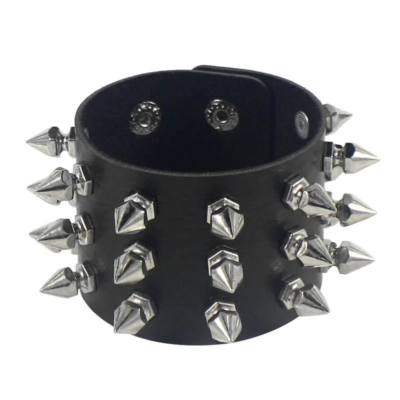 Punk Bracelet for Men Women - Goth Black Leather Wristband with Metal Spike Studded- Spike Rivets Cuff Bangle Adjustable