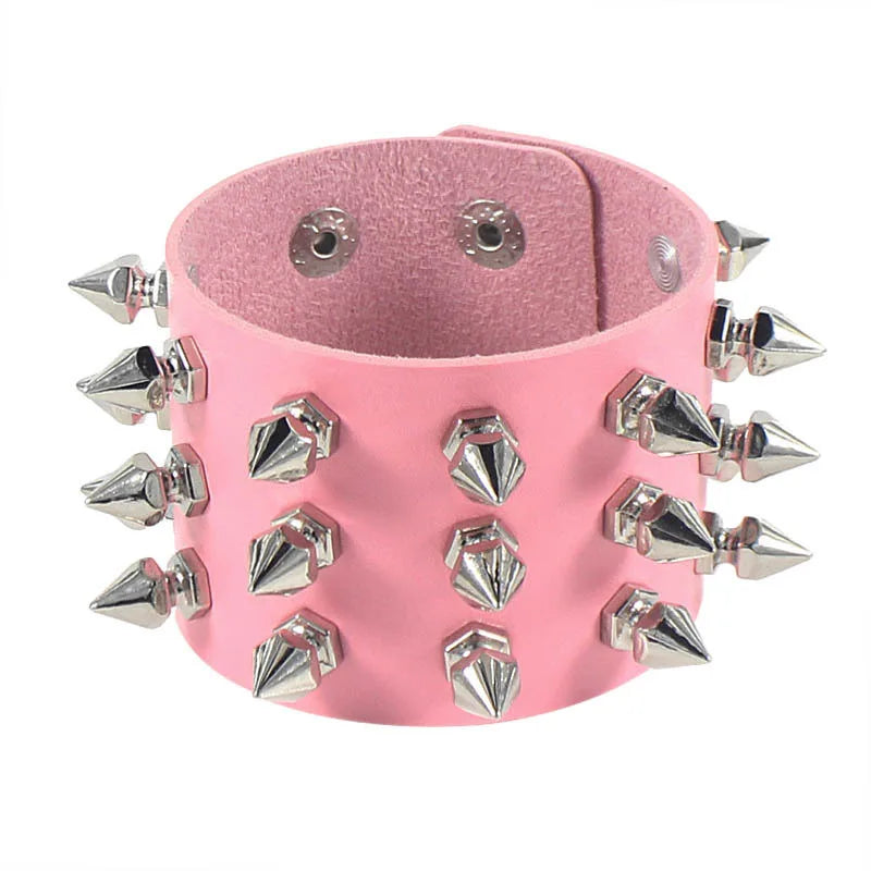 Punk Bracelet for Men Women - Goth Black Leather Wristband with Metal Spike Studded- Spike Rivets Cuff Bangle Adjustable