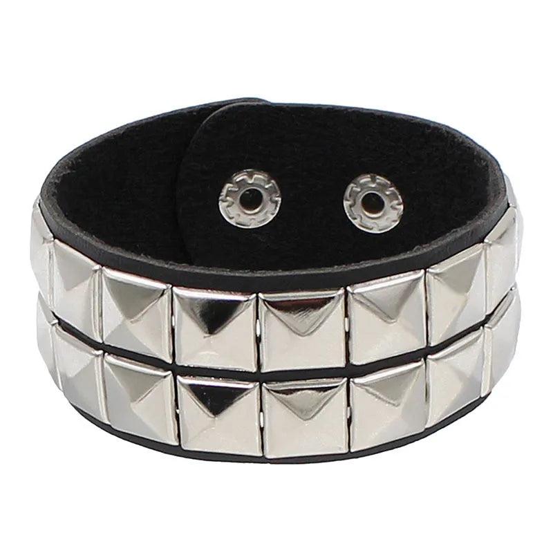 Punk Bracelet for Men Women - Goth Black Leather Wristband with Metal Spike Studded- Spike Rivets Cuff Bangle Adjustable